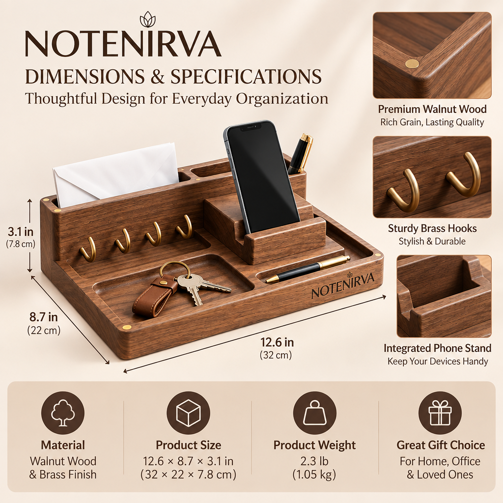 notenirva Modern Walnut Wood EDC Valet Station – Entryway Mail Sorter, Brass Key Hooks, Phone Dock & Pen Catchall Tray