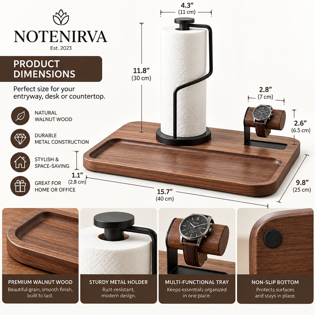 Notenirva Modern Walnut Wood & Metal Valet Station – Paper Towel Dispenser, Watch Display Stand & Desktop Organizer Tray