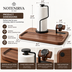 Notenirva Modern Walnut Wood & Metal Valet Station – Paper Towel Dispenser, Watch Display Stand & Desktop Organizer Tray