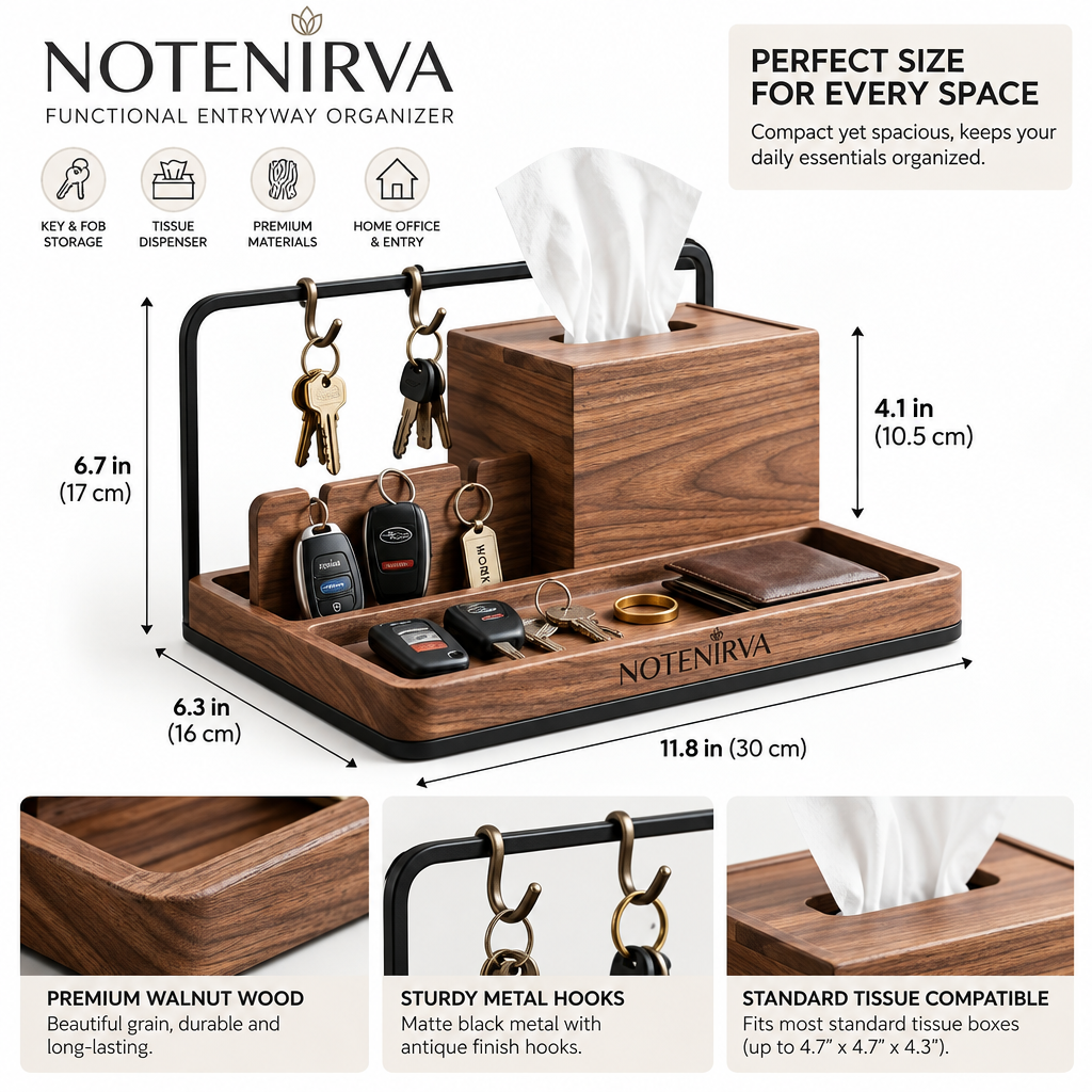 Notenirva Modern Wooden EDC Valet Station – Solid Walnut & Matte Black Metal Key Holder, Tissue Dispenser, and Wallet Catchall