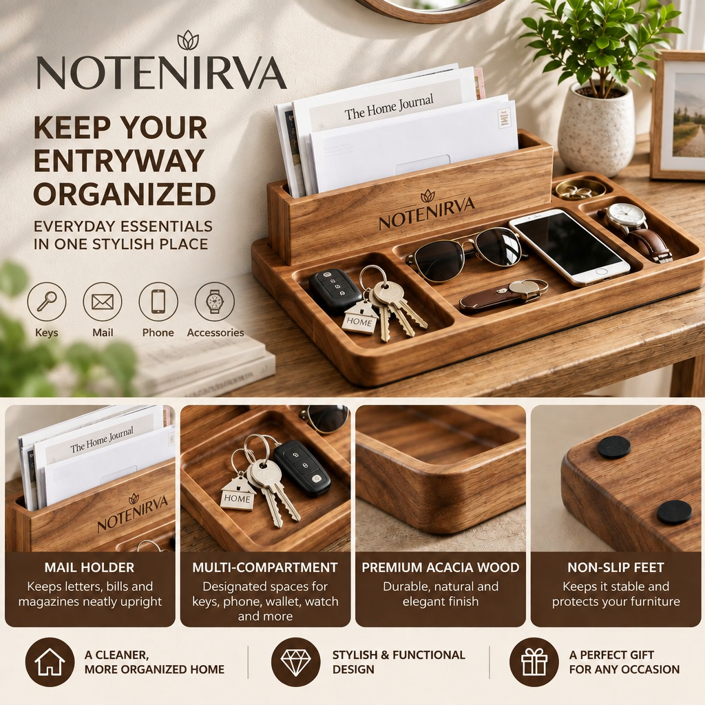 Notenirva Modern Acacia Wood EDC Valet Tray – Desktop Mail Sorter, Sunglasses & Watch Station, Phone Stand Catchall