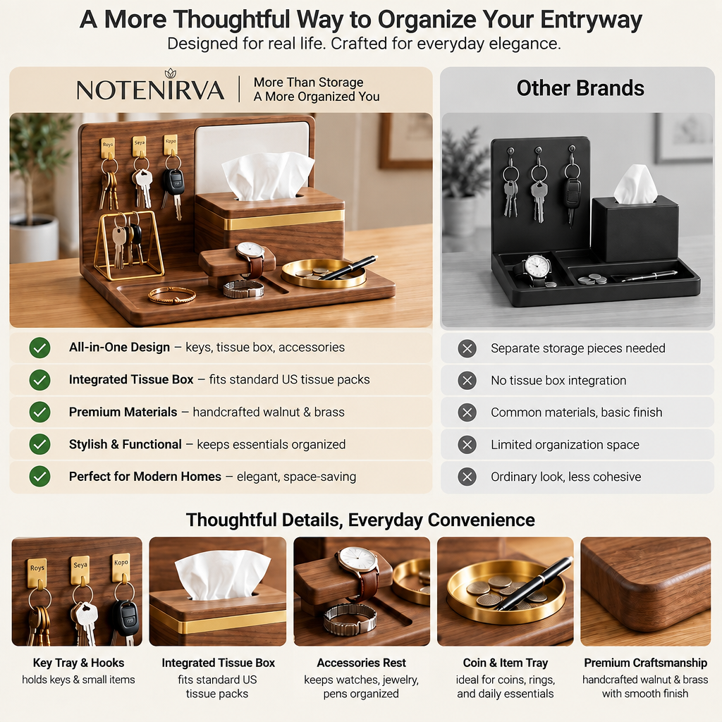 notenirva Modern Walnut Wood EDC Valet Station – Entryway Key Rack, Facial Tissue Dispenser, Watch Stand & Brass Coin Dish