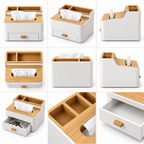 notenirva Modern Nordic Tissue Box Organizer with Natural Wood Lid & Drawer – Minimalist Desktop Caddy for Living Room, Bedroom & Vanity