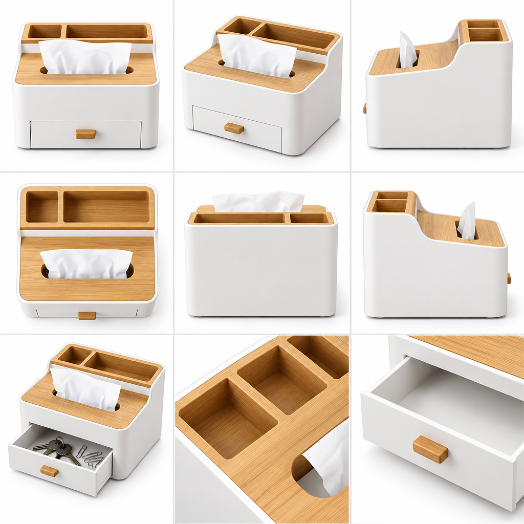 notenirva Modern Nordic Tissue Box Organizer with Natural Wood Lid & Drawer – Minimalist Desktop Caddy for Living Room, Bedroom & Vanity