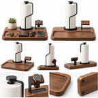 Notenirva Modern Walnut Wood & Metal Valet Station – Paper Towel Dispenser, Watch Display Stand & Desktop Organizer Tray