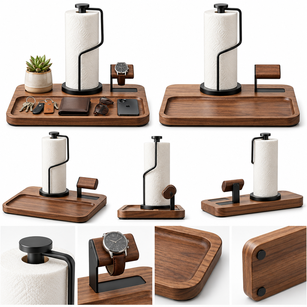 Notenirva Modern Walnut Wood & Metal Valet Station – Paper Towel Dispenser, Watch Display Stand & Desktop Organizer Tray