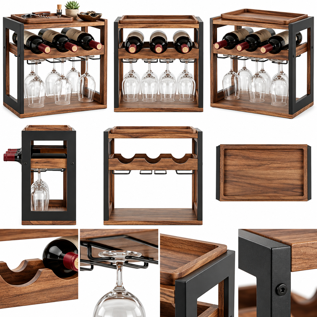 Notenirva Countertop Wine Rack & Glass Holder – Modern Wood & Metal Freestanding Wine Organizer (Holds 3 Bottles + 4 Stemmed Glasses)