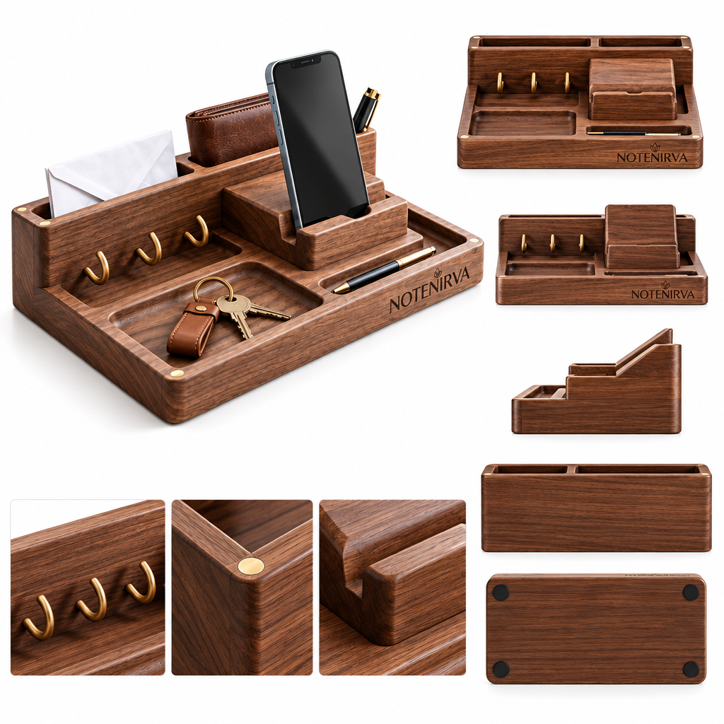 notenirva Modern Walnut Wood EDC Valet Station – Entryway Mail Sorter, Brass Key Hooks, Phone Dock & Pen Catchall Tray