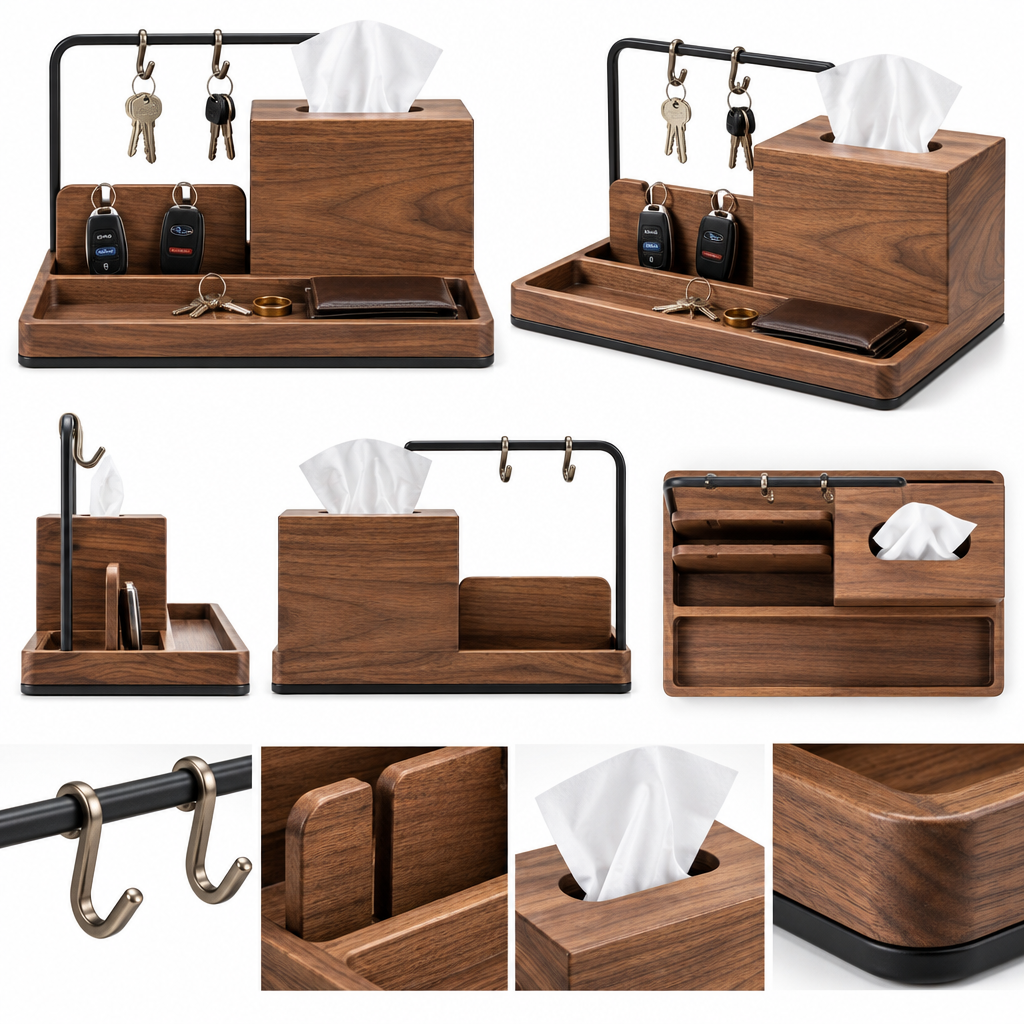Notenirva Modern Wooden EDC Valet Station – Solid Walnut & Matte Black Metal Key Holder, Tissue Dispenser, and Wallet Catchall