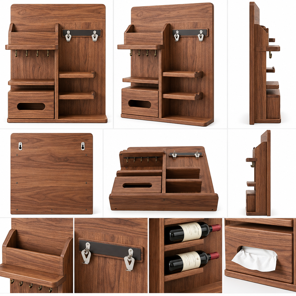 notenirva Modern Wooden Entryway Command Center – 2-Bottle Wine Storage, Key Holder, Letter Sorter & Tissue Dispenser for Console Table