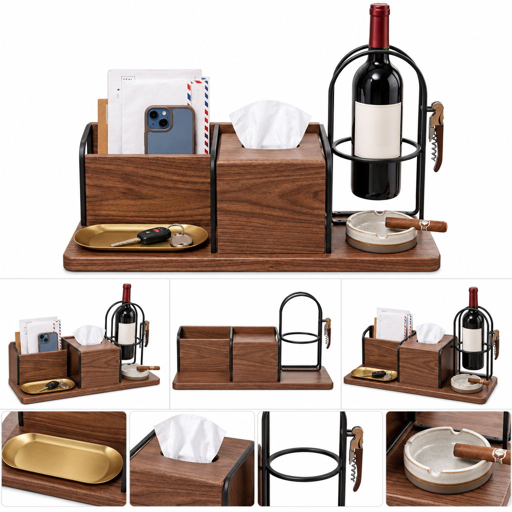 notenirva Modern Walnut Wood & Metal Entryway Command Center – Mail Holder, Facial Tissue Dispenser, Wine Bottle Stand & Brass Catchall Tray