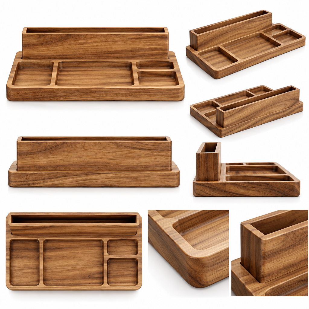Notenirva Modern Acacia Wood EDC Valet Tray – Desktop Mail Sorter, Sunglasses & Watch Station, Phone Stand Catchall