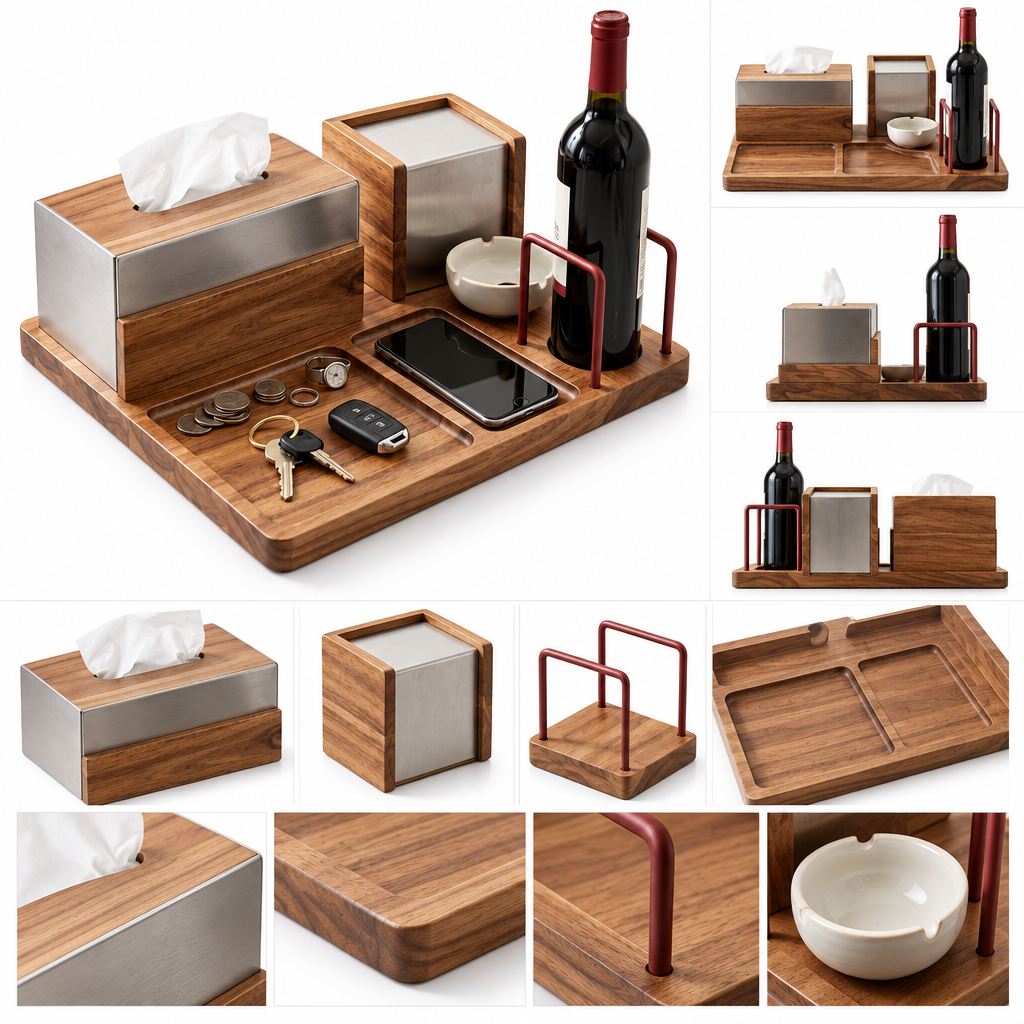 notenirva Handcrafted Acacia Wood Desktop Valet Station – Tissue Dispenser, Wine Cradle, Phone Stand & EDC Catchall for Dining & Console Table