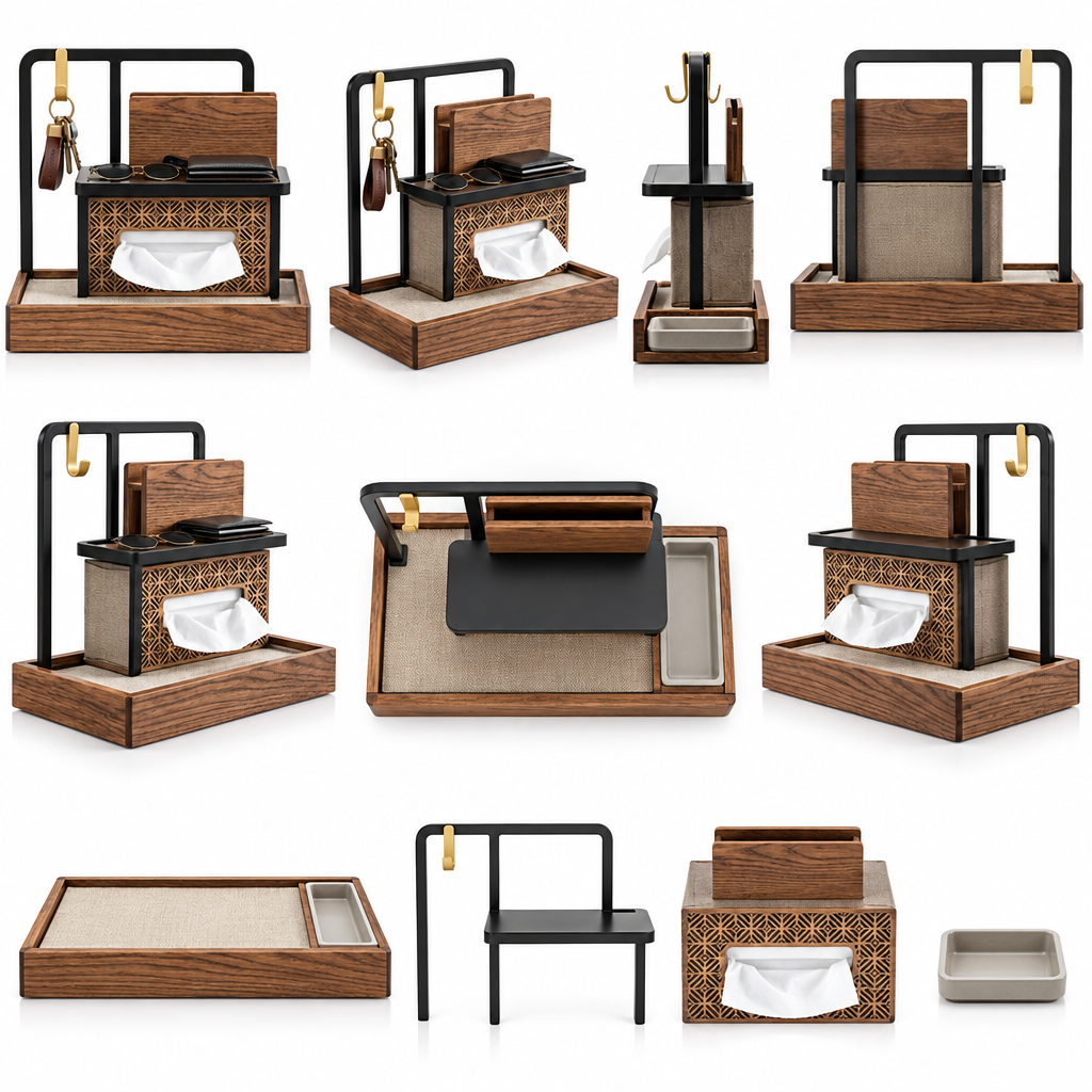 Notenirva Modern Multi-Tier EDC Valet Station – Entryway Mail Holder, Key Rack, Glasses Stand & Tissue Box Cover for Console Table