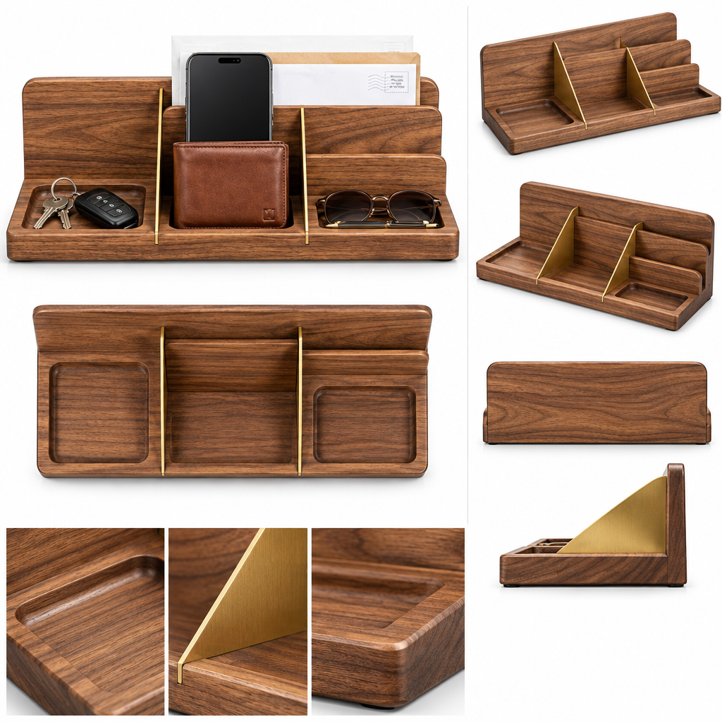 notenirva 4-in-1 Wooden Entryway Organizer & Valet Tray – Walnut Finish Catchall with Mail Sorter, Phone Stand, Wallet Dock & Key Tray (Tray Only)