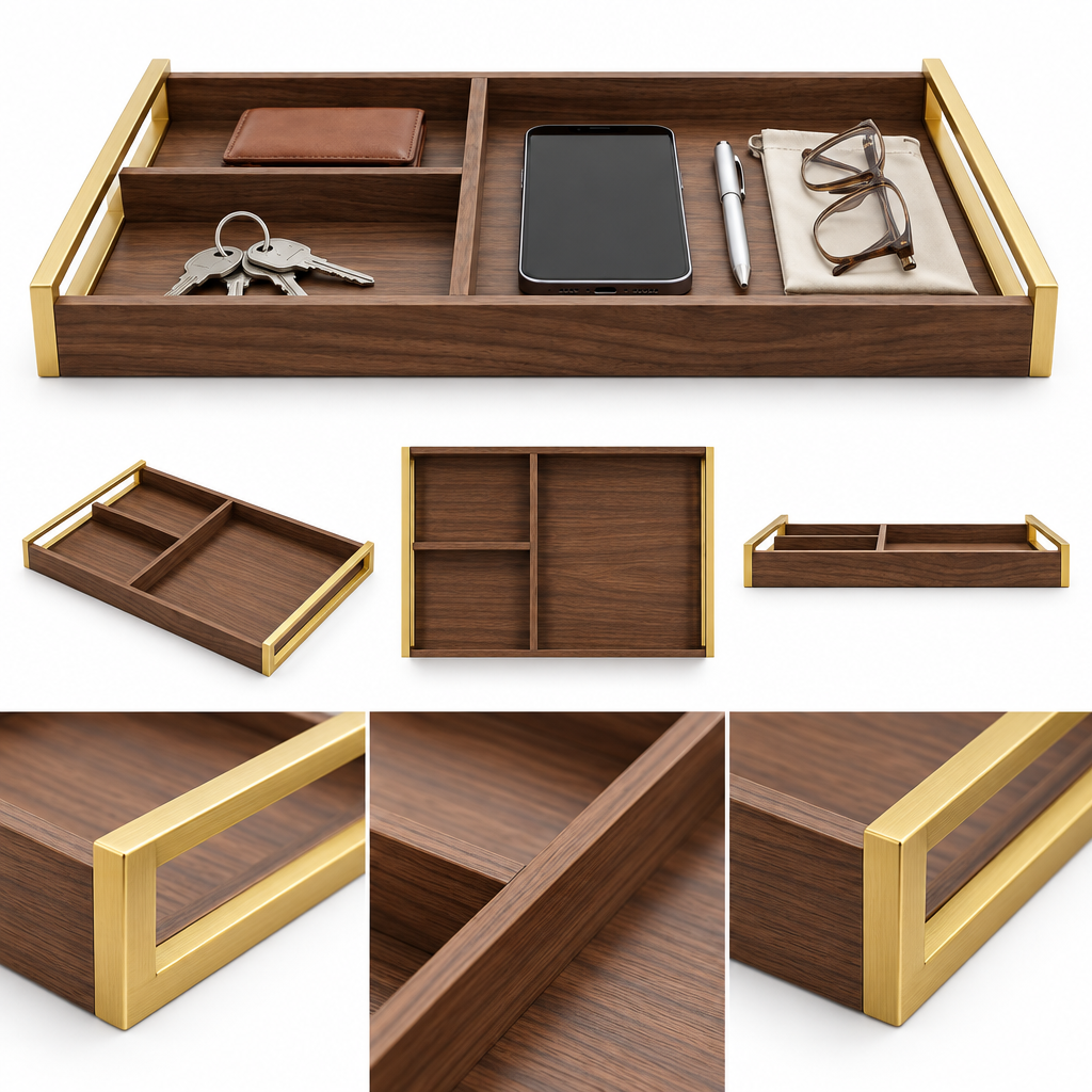 notenirva Walnut Wood Valet Tray with Brass Accents – 4-Compartment EDC Catchall Tray for Keys, Phone, Wallet & Glasses (Tray Only)
