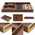 notenirva Walnut Wood Valet Tray with Brass Accents – 4-Compartment EDC Catchall Tray for Keys, Phone, Wallet & Glasses (Tray Only)