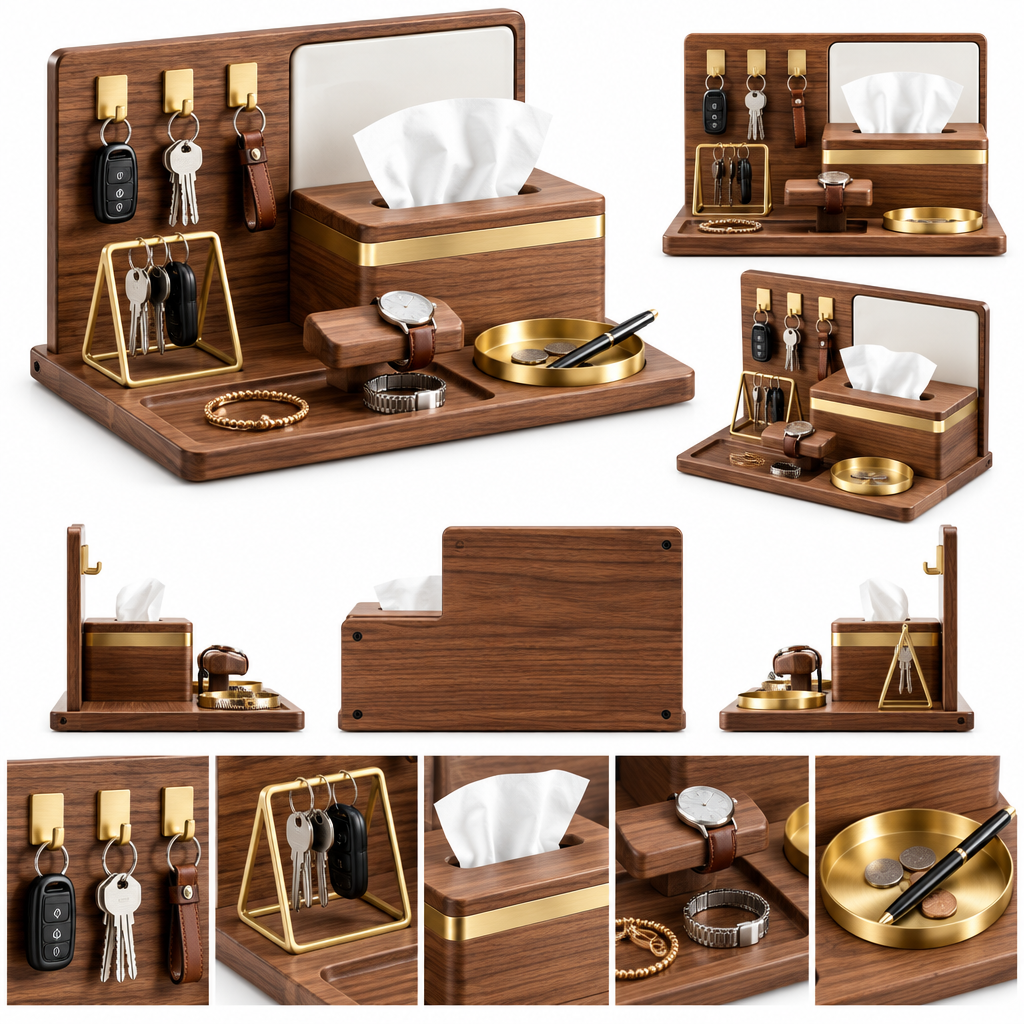notenirva Modern Walnut Wood EDC Valet Station – Entryway Key Rack, Facial Tissue Dispenser, Watch Stand & Brass Coin Dish