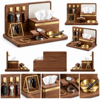 notenirva Modern Walnut Wood EDC Valet Station – Entryway Key Rack, Facial Tissue Dispenser, Watch Stand & Brass Coin Dish