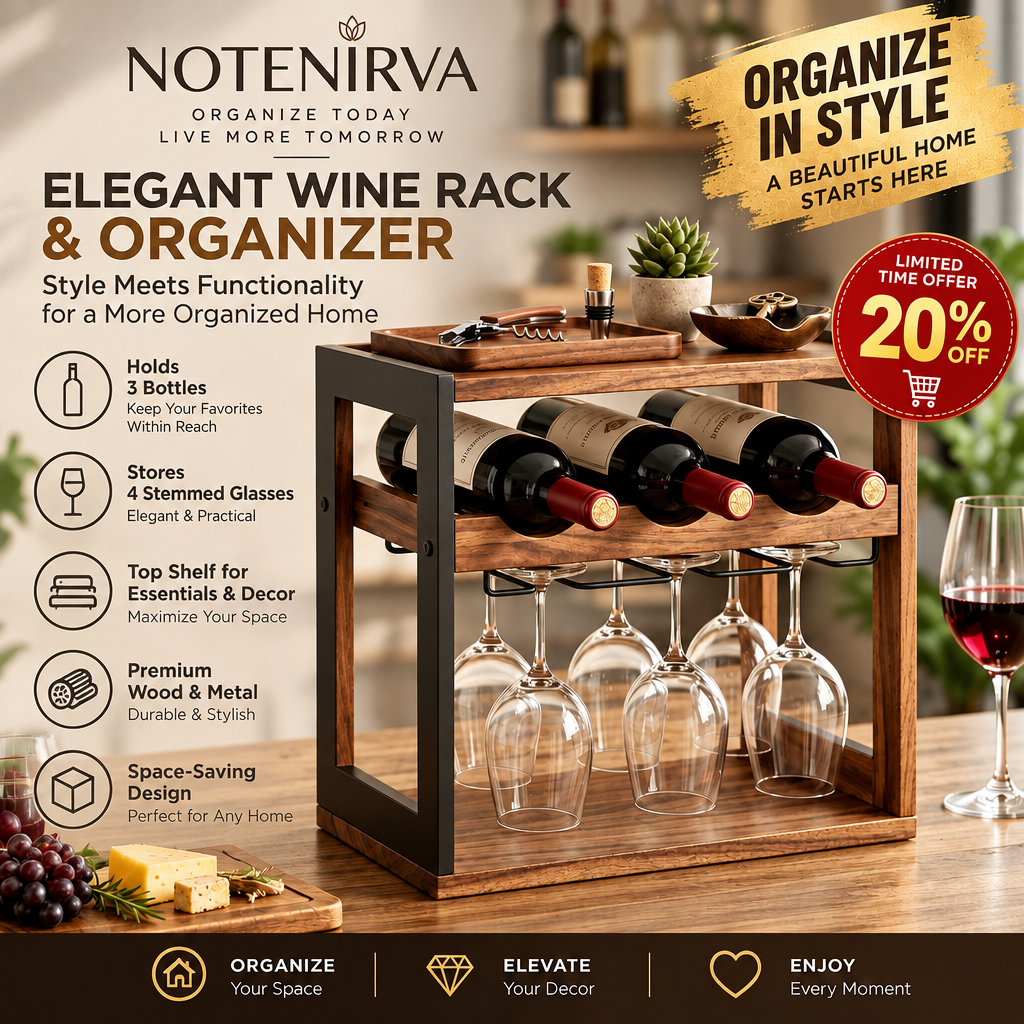 Notenirva Countertop Wine Rack & Glass Holder – Modern Wood & Metal Freestanding Wine Organizer (Holds 3 Bottles + 4 Stemmed Glasses)