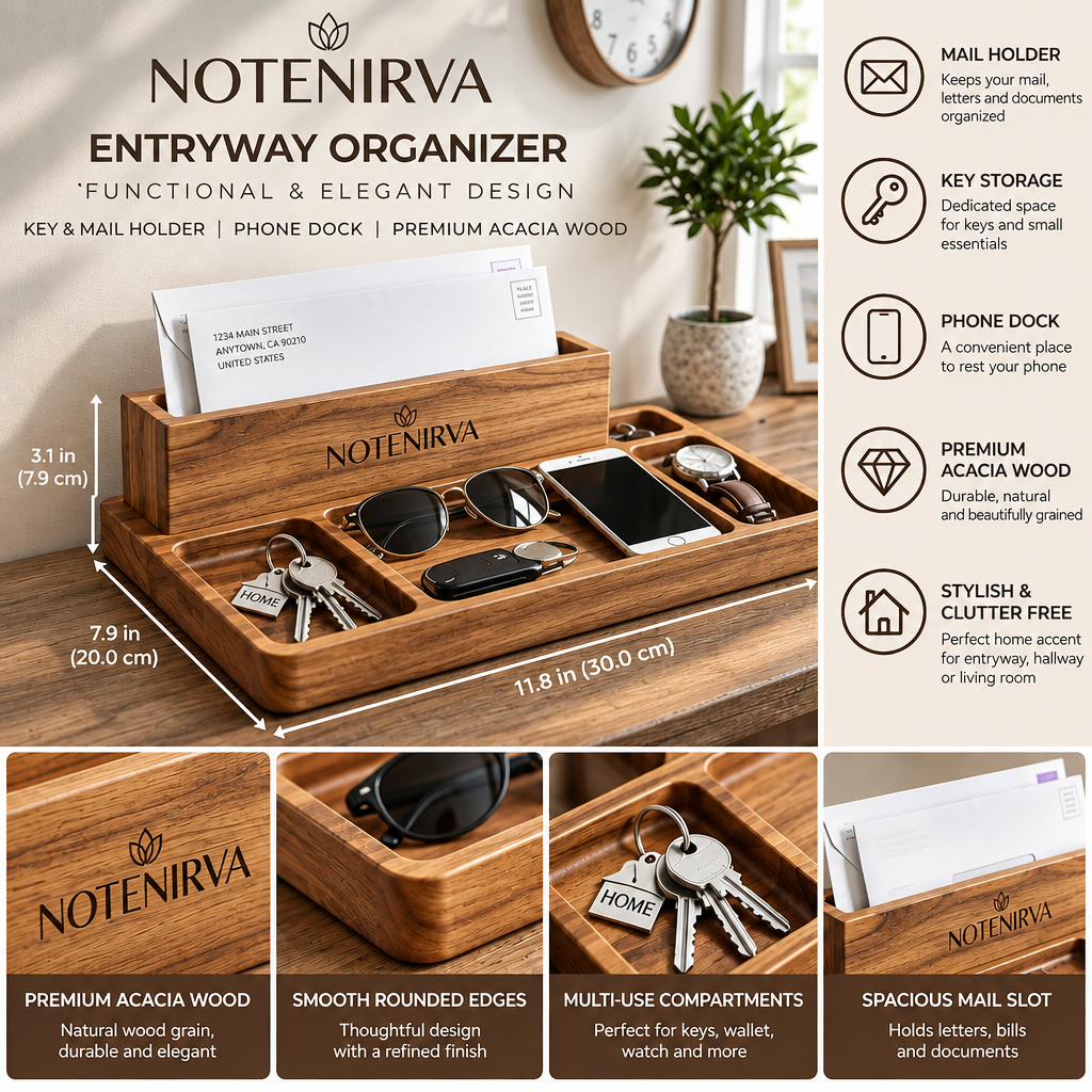 Notenirva Modern Acacia Wood EDC Valet Tray – Desktop Mail Sorter, Sunglasses & Watch Station, Phone Stand Catchall