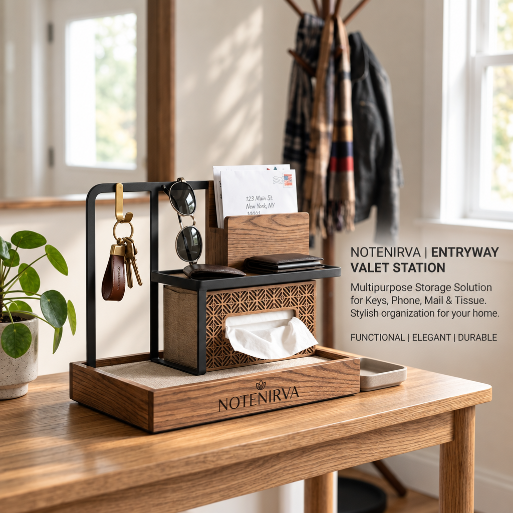 Notenirva Modern Multi-Tier EDC Valet Station – Entryway Mail Holder, Key Rack, Glasses Stand & Tissue Box Cover for Console Table