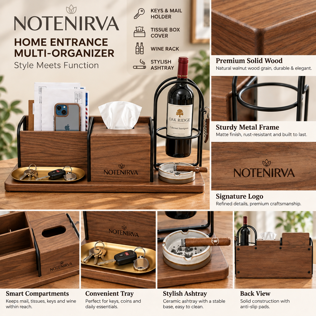 notenirva Modern Walnut Wood & Metal Entryway Command Center – Mail Holder, Facial Tissue Dispenser, Wine Bottle Stand & Brass Catchall Tray