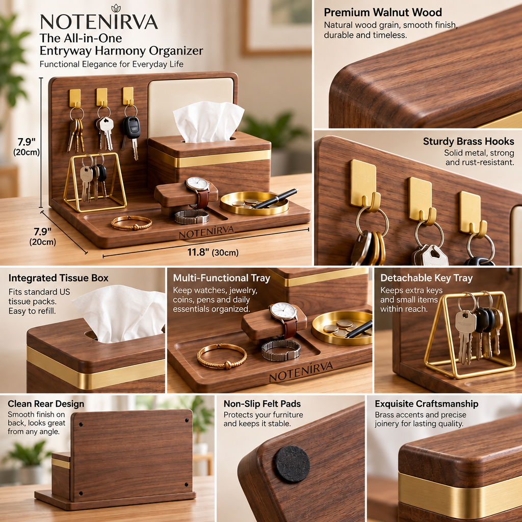 notenirva Modern Walnut Wood EDC Valet Station – Entryway Key Rack, Facial Tissue Dispenser, Watch Stand & Brass Coin Dish