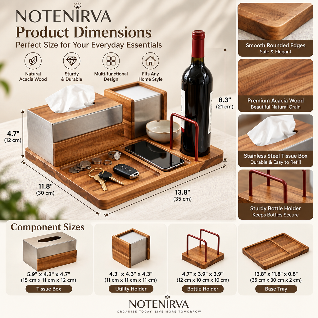 notenirva Handcrafted Acacia Wood Desktop Valet Station – Tissue Dispenser, Wine Cradle, Phone Stand & EDC Catchall for Dining & Console Table