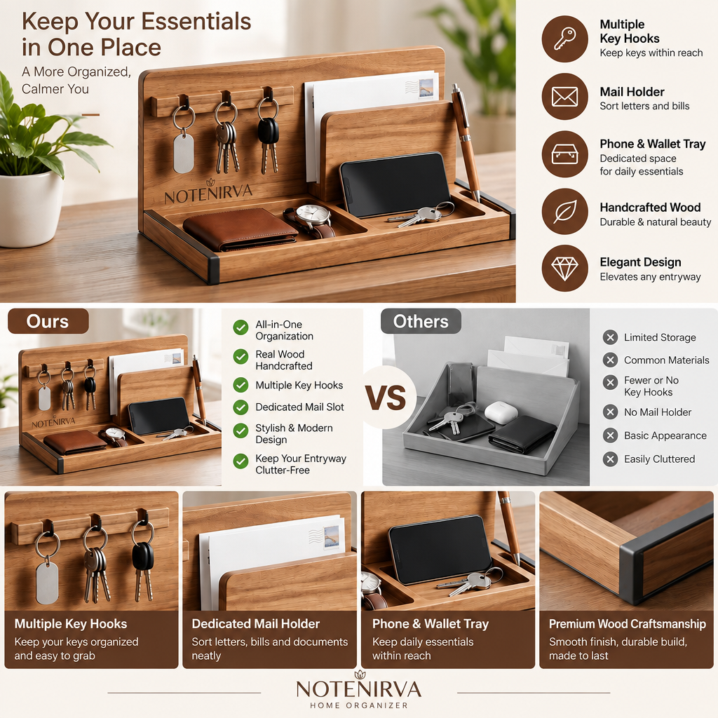 notenirva Modern Handcrafted Wood EDC Valet Station – Entryway Mail Sorter, Key Rack, Phone Dock & Pen Rest for Home & Office