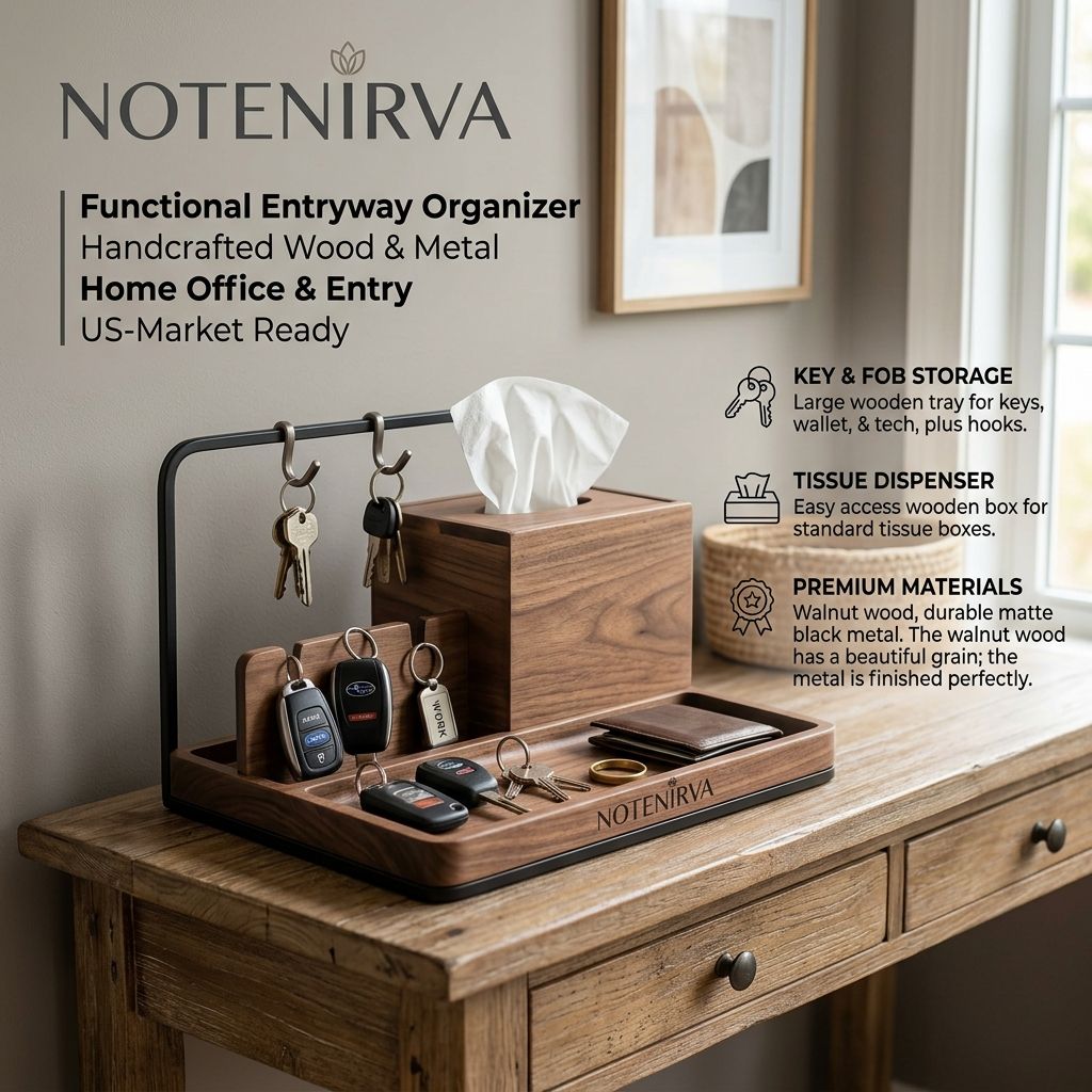 Notenirva Modern Wooden EDC Valet Station – Solid Walnut & Matte Black Metal Key Holder, Tissue Dispenser, and Wallet Catchall