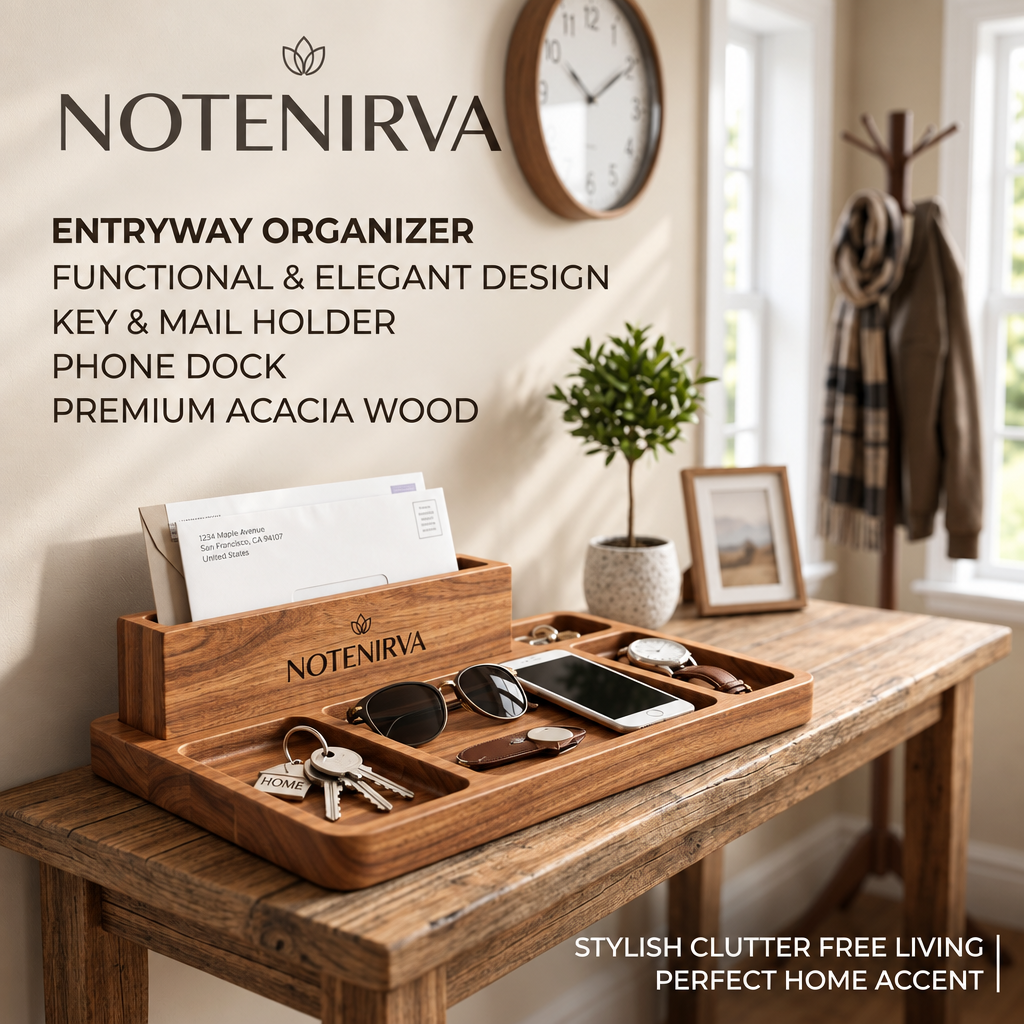 Notenirva Modern Acacia Wood EDC Valet Tray – Desktop Mail Sorter, Sunglasses & Watch Station, Phone Stand Catchall