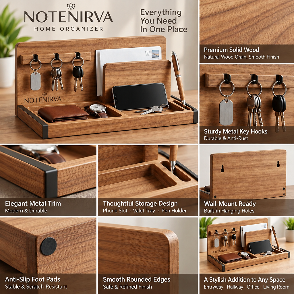 notenirva Modern Handcrafted Wood EDC Valet Station – Entryway Mail Sorter, Key Rack, Phone Dock & Pen Rest for Home & Office