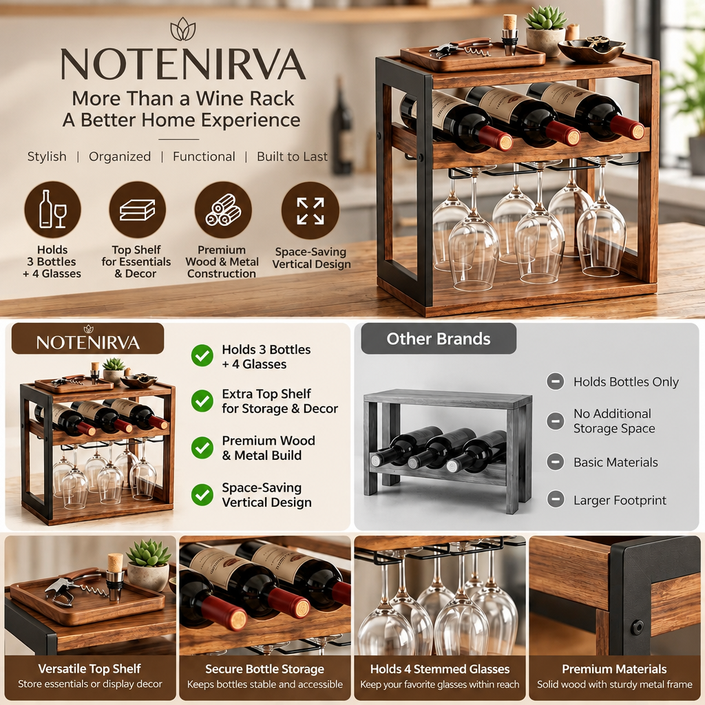 Notenirva Countertop Wine Rack & Glass Holder – Modern Wood & Metal Freestanding Wine Organizer (Holds 3 Bottles + 4 Stemmed Glasses)