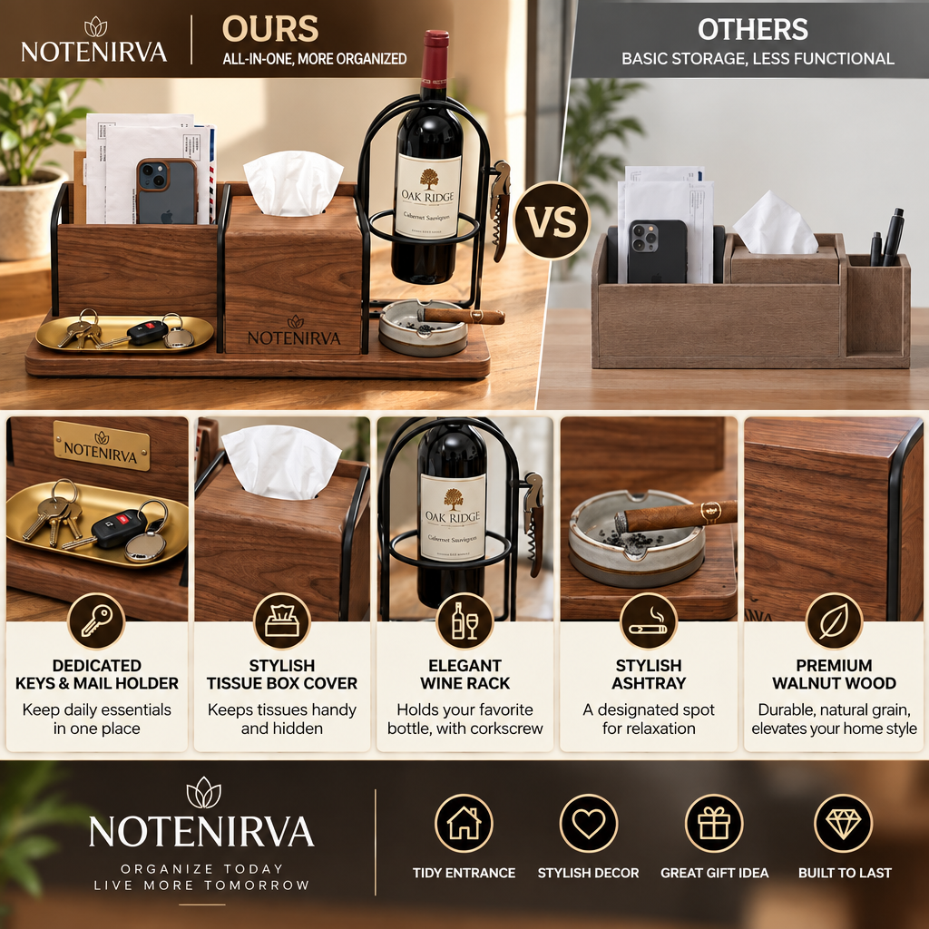 notenirva Modern Walnut Wood & Metal Entryway Command Center – Mail Holder, Facial Tissue Dispenser, Wine Bottle Stand & Brass Catchall Tray