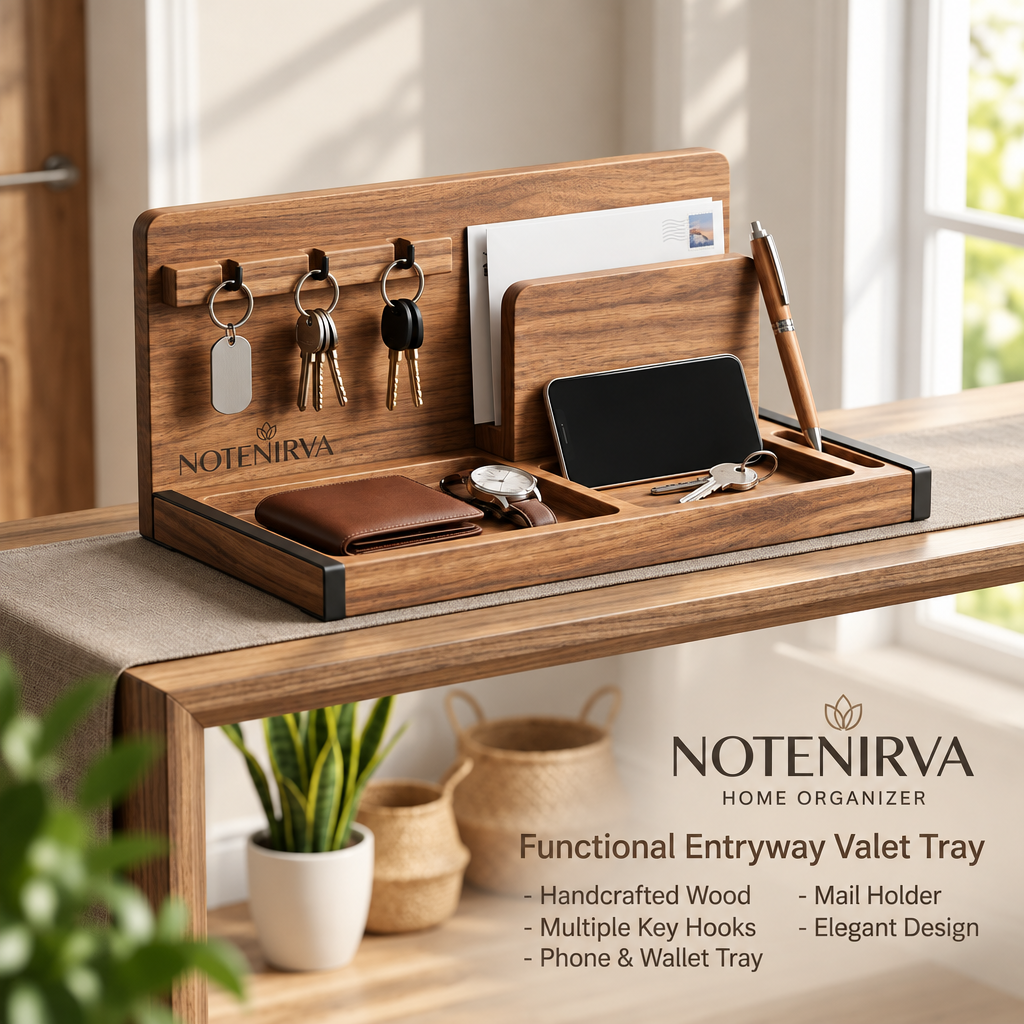 notenirva Modern Handcrafted Wood EDC Valet Station – Entryway Mail Sorter, Key Rack, Phone Dock & Pen Rest for Home & Office