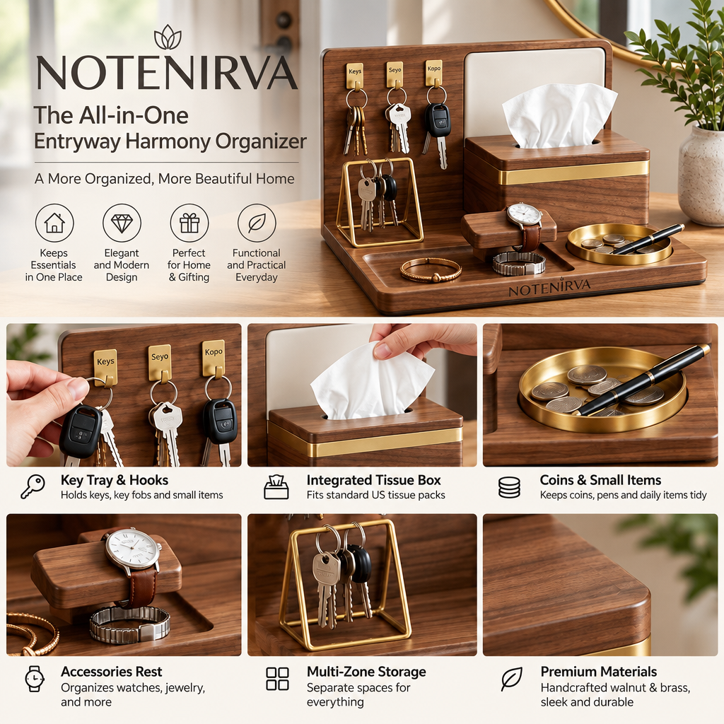 notenirva Modern Walnut Wood EDC Valet Station – Entryway Key Rack, Facial Tissue Dispenser, Watch Stand & Brass Coin Dish
