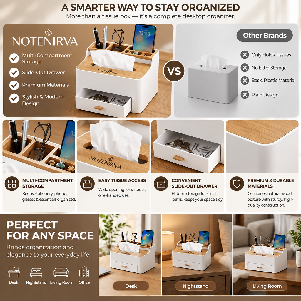 notenirva Modern Nordic Tissue Box Organizer with Natural Wood Lid & Drawer – Minimalist Desktop Caddy for Living Room, Bedroom & Vanity