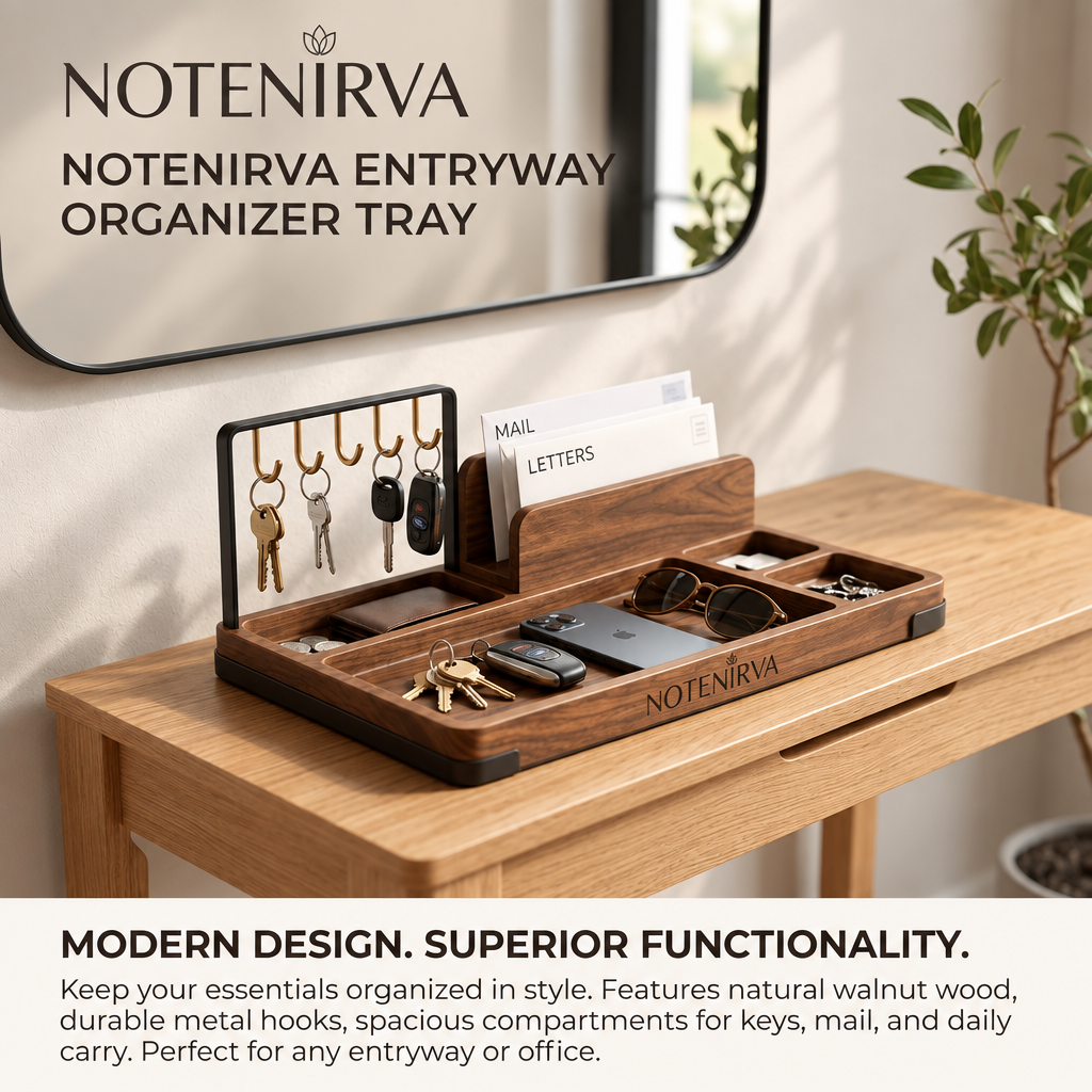 notenirva Entryway Organizer with 5 Metal Key Hooks – Walnut Wood Mail Sorter & EDC Valet Tray for Console Table & Office Desk (Organizer Only)
