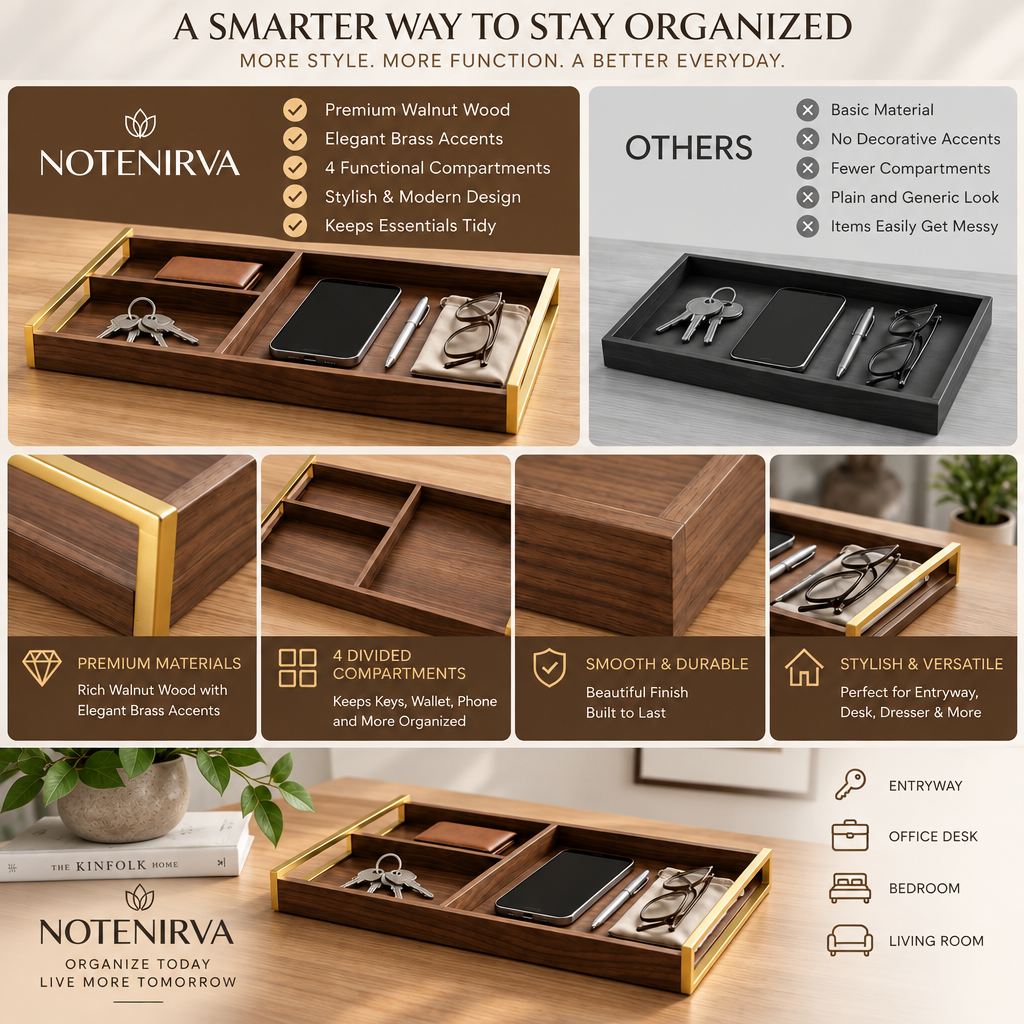 notenirva Walnut Wood Valet Tray with Brass Accents – 4-Compartment EDC Catchall Tray for Keys, Phone, Wallet & Glasses (Tray Only)
