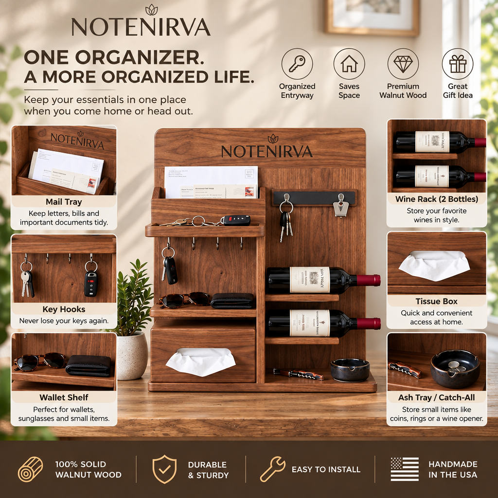 notenirva Modern Wooden Entryway Command Center – 2-Bottle Wine Storage, Key Holder, Letter Sorter & Tissue Dispenser for Console Table