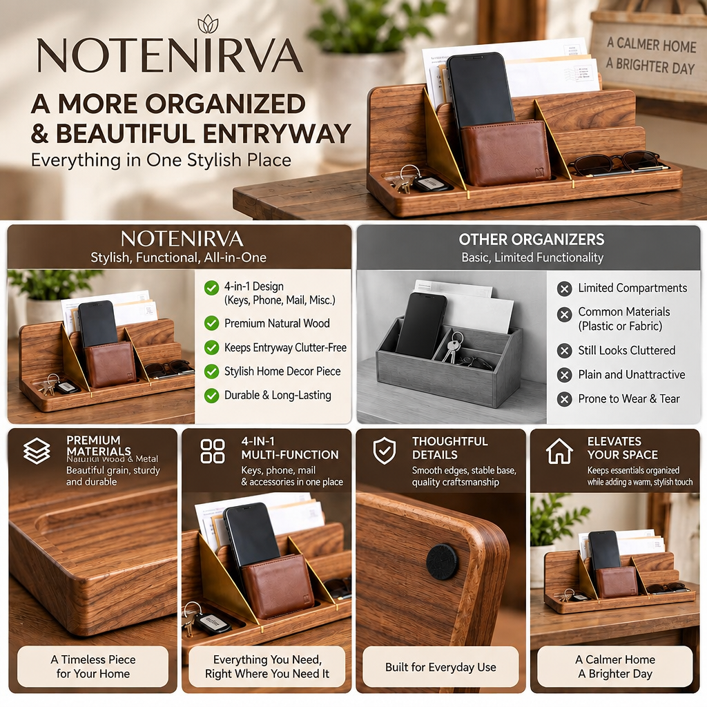 notenirva 4-in-1 Wooden Entryway Organizer & Valet Tray – Walnut Finish Catchall with Mail Sorter, Phone Stand, Wallet Dock & Key Tray (Tray Only)
