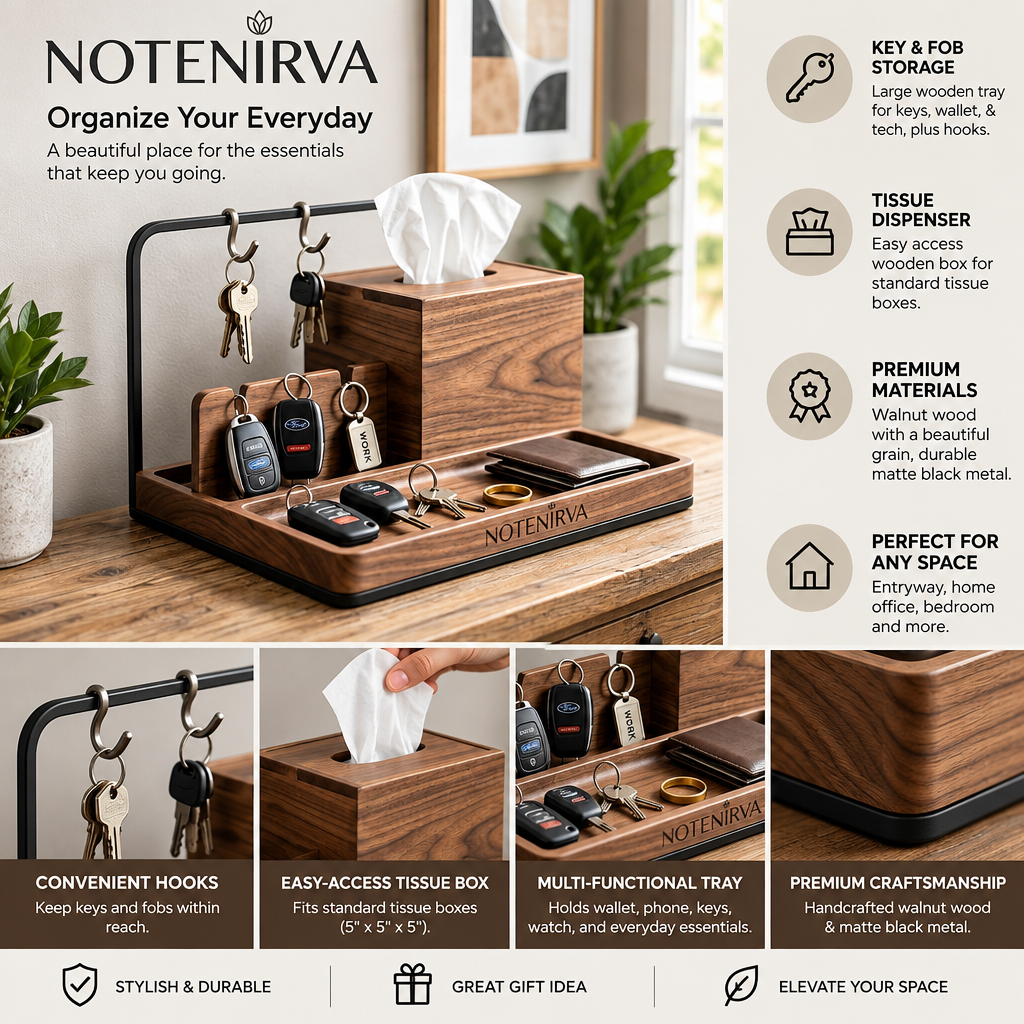 Notenirva Modern Wooden EDC Valet Station – Solid Walnut & Matte Black Metal Key Holder, Tissue Dispenser, and Wallet Catchall