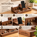 notenirva Modern Walnut Wood EDC Valet Station – Entryway Mail Sorter, Brass Key Hooks, Phone Dock & Pen Catchall Tray