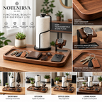 Notenirva Modern Walnut Wood & Metal Valet Station – Paper Towel Dispenser, Watch Display Stand & Desktop Organizer Tray