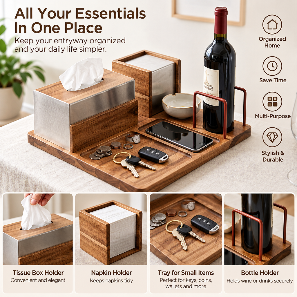 notenirva Handcrafted Acacia Wood Desktop Valet Station – Tissue Dispenser, Wine Cradle, Phone Stand & EDC Catchall for Dining & Console Table