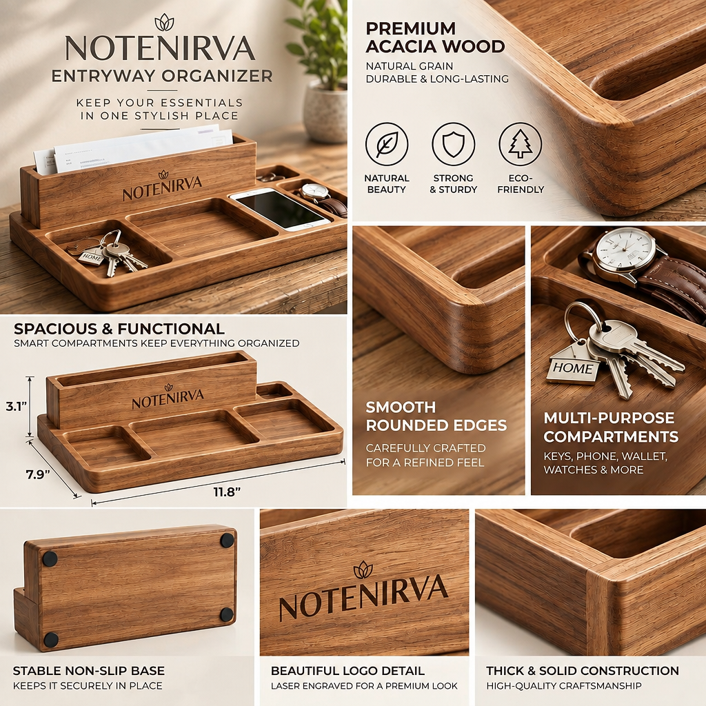 Notenirva Modern Acacia Wood EDC Valet Tray – Desktop Mail Sorter, Sunglasses & Watch Station, Phone Stand Catchall