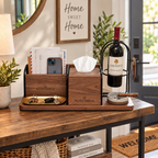 notenirva Modern Walnut Wood & Metal Entryway Command Center – Mail Holder, Facial Tissue Dispenser, Wine Bottle Stand & Brass Catchall Tray