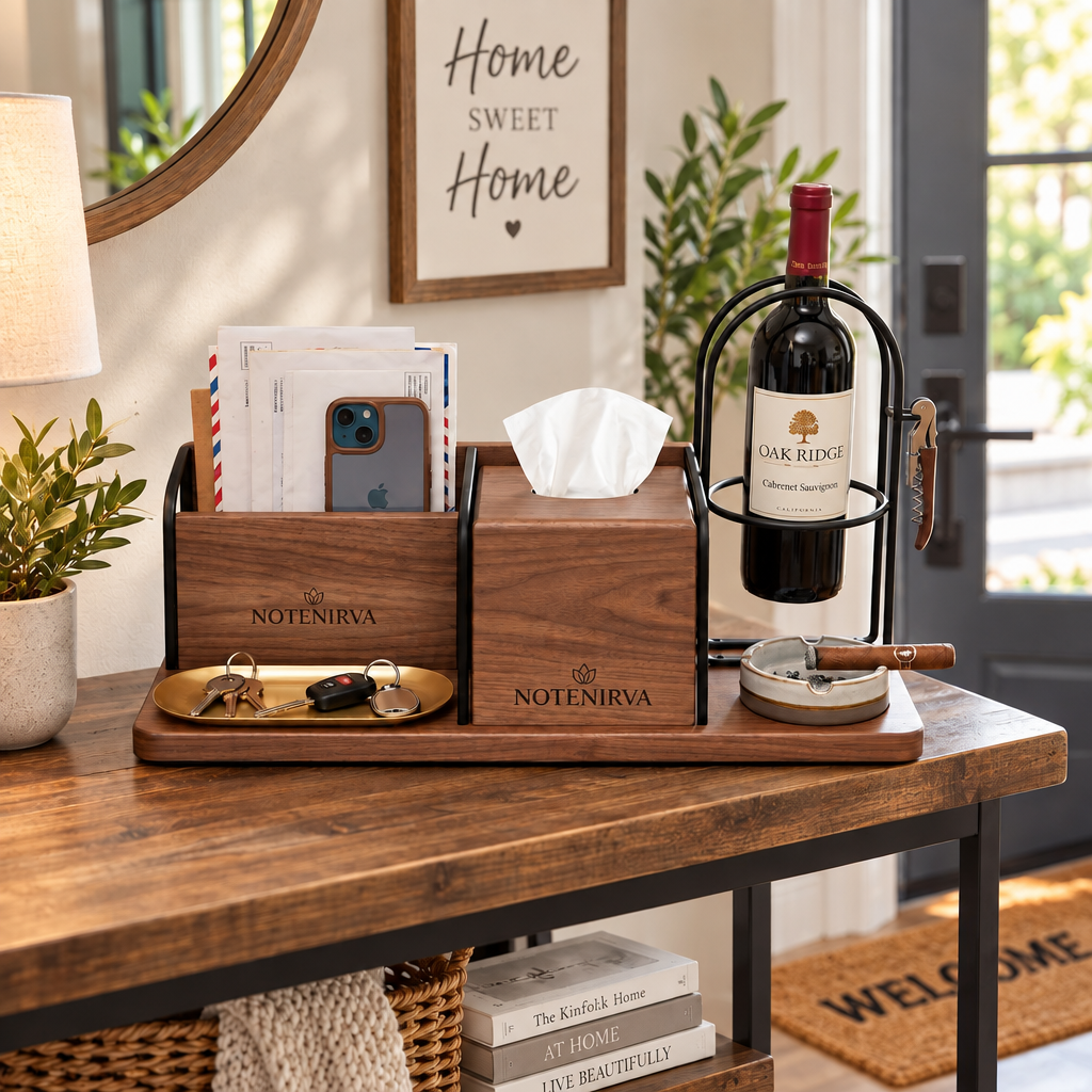 notenirva Modern Walnut Wood & Metal Entryway Command Center – Mail Holder, Facial Tissue Dispenser, Wine Bottle Stand & Brass Catchall Tray