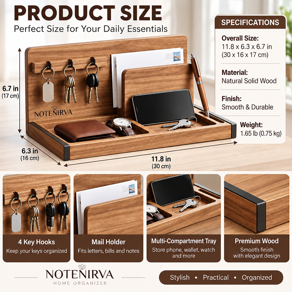 notenirva Modern Handcrafted Wood EDC Valet Station – Entryway Mail Sorter, Key Rack, Phone Dock & Pen Rest for Home & Office